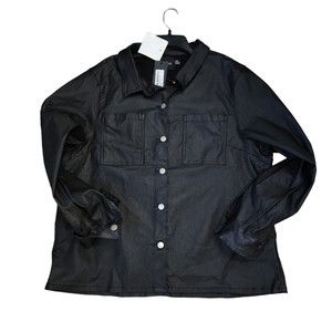 Boohoo Women's Black Coated Denim Shacket Size 18 Button Front with Stretch NWT